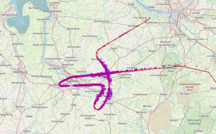 Bewegungsprofil eines Luftfahrzeugs, das vom Testaufbau über verschiedene, unabhängige Detektionsmethoden bestimmt wurde.